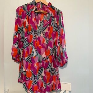 TORY BURCH PINK ORANGE SHEER SILK TUNIC TOP BELTED TASSELS SMOCKED NECK